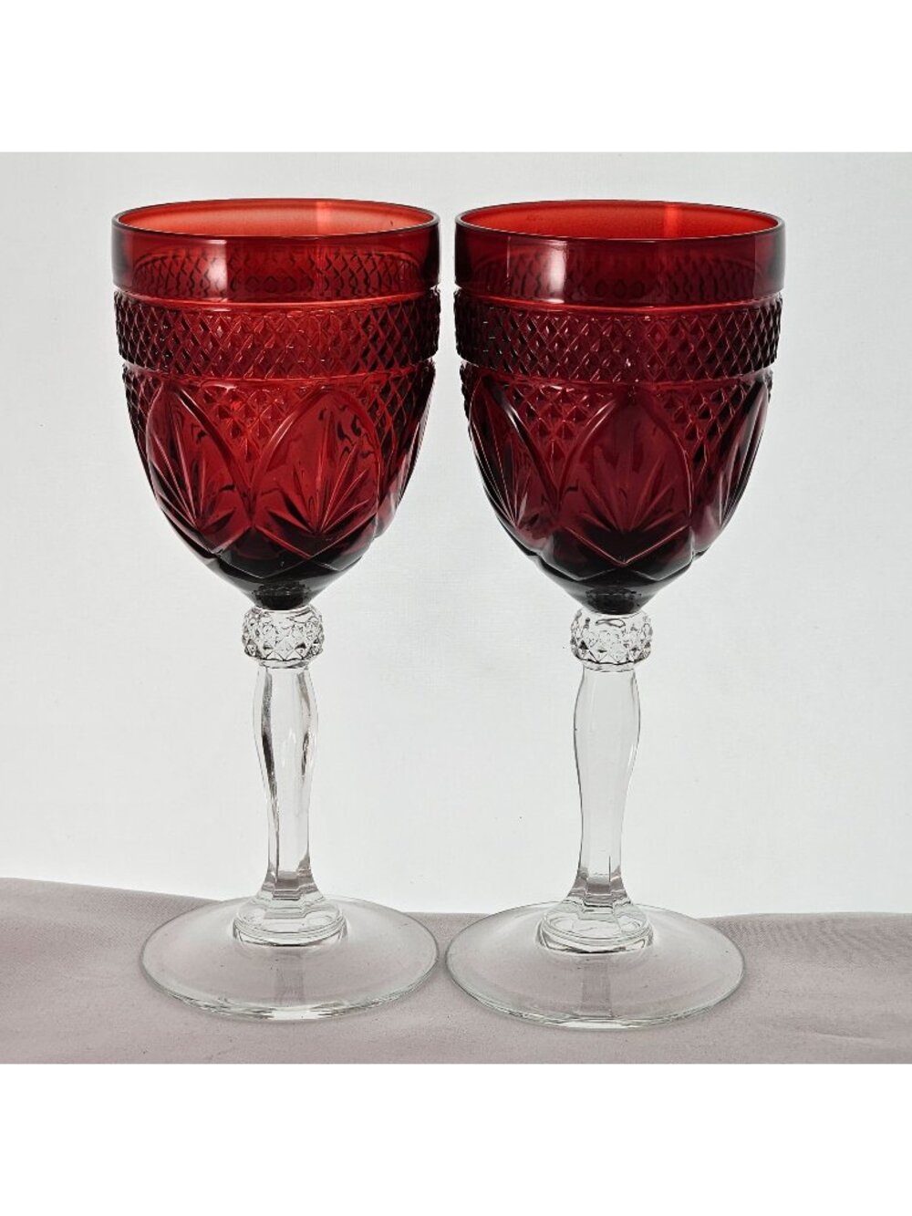 2 Antique Ruby Red Water Goblets 8" Cristal D'Arque Wine Glass Ball Stem